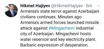 Помощник президента Азербайджана: ВС Армении нанесли ракетный удар по Мингячевиру