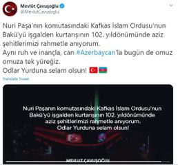 Мевлют Чавушоглу поделился публикацией в связи с освобождением Баку от оккупации