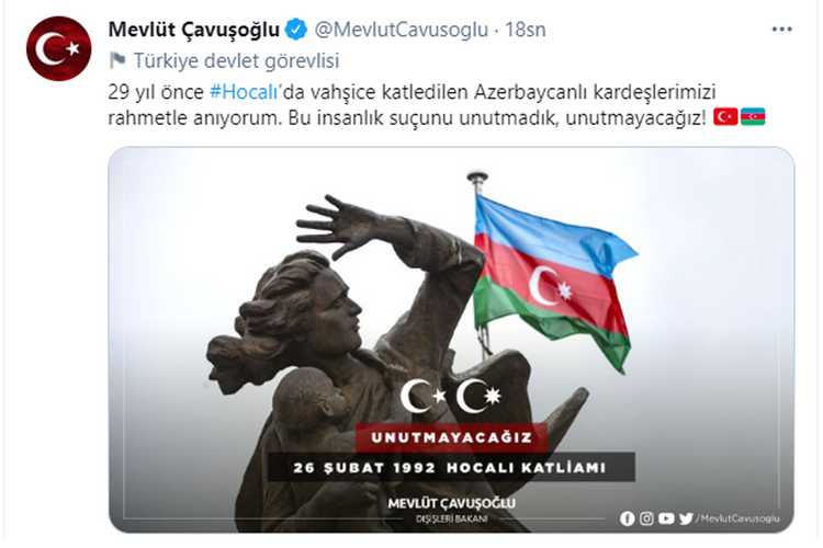 Чавушоглу поделился публикацией в связи с Ходжалинским геноцидом