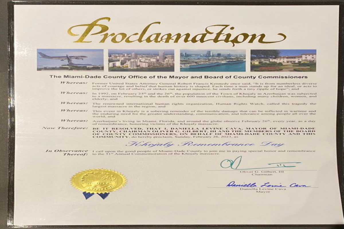 В США руководство округа Maйами-Дейд объявило 26 февраля Днем памяти жертв Ходжалы